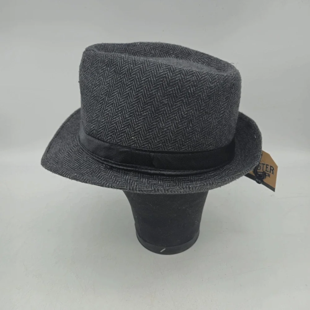 Hipster Fedora Hat Mens Small Medium Gray Polyester‎ Herringbone Black Band